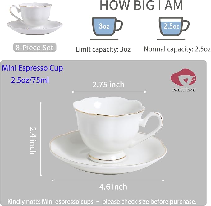 White Porcelain 75ml Demitasse Set of 8 (16-Piece) - 2.5oz Espresso Cups & Saucers, Elegant White & Gold Trim Coffee Set for Turkish Coffee, After Dinner, Gift Giving