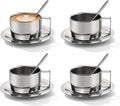 4 Sets of 304 Stainless Steel Coffee Cups with Spoon & Saucer, 6.8 Oz Metal Espresso Mugs, Double Walled Insulated Espresso Coffee Cup for Cappuccino Latte Milk Tea Beverages (4 Sets，200 ml)