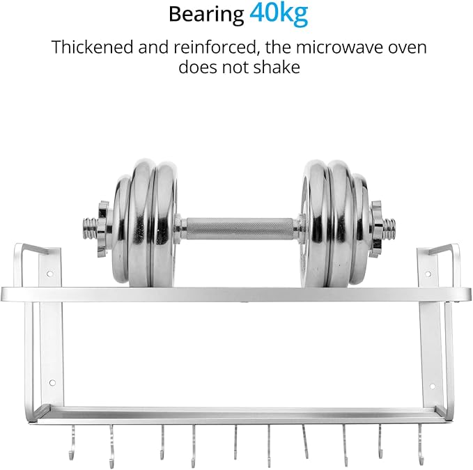 QWORK Microwave Oven Rack Shelf, Wall Mount Electric Oven Holders, Aluminum Double-Layer Microwave & Spice Rack, 2 Shelves with 10 Hooks, Support Load 88lbs, 21.65"x15"x9.84"