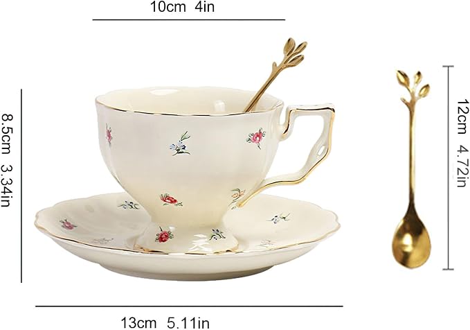 Porcelain Tea Cup and Saucer Set, 8.5 oz/250 ml Ceramic Coffee Mug with Saucer and Spoon, Vintage Coffee Cup with Gold Trim for Mom Women Mother's Day, Flowers Pattern