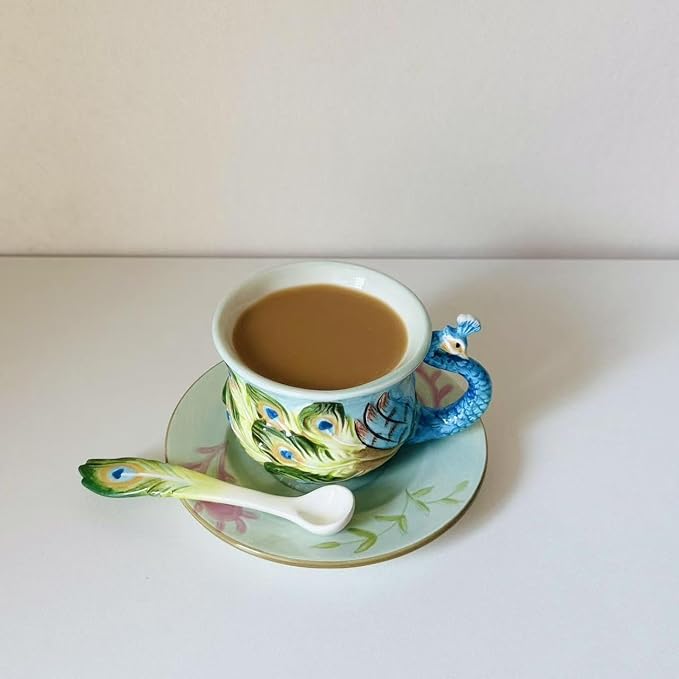 Ceramic Tea Cup and Saucer Set ，6OZ 3D Hand-Painted Peacock Coffee Mug，Gift for Women