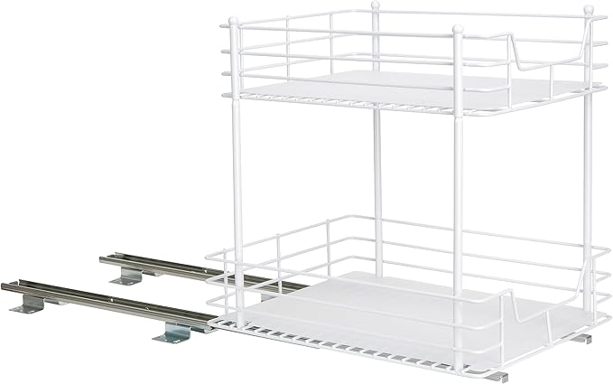 Household Essentials Glidez Steel Pull-Out/Slide-Out Storage Organizer with Plastic Liners for Under Cabinet or Wire Shelf Use - 2 -Tier Design, White