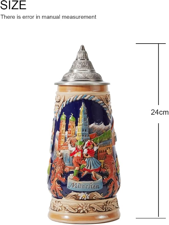 HAUCOZE Beer Stein Mug German Munich Bavarian Drinking Viking Tankard with Pewter Lid Birthday Gifts for Men Father Husband 1.0 Liter