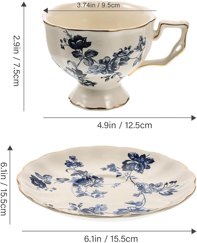 CALLARON Ceramic Cup and Saucer Set 8Oz European Style Milk Drinking Mug with Delicate Porcelain Design for Home Restaurant Tea and Juice