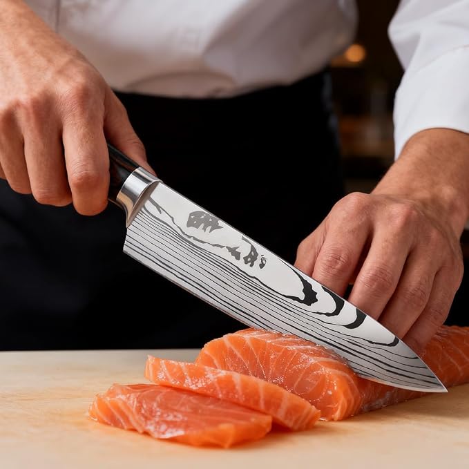 10-Piece Premium Japanese Kitchen Knife Set - Imperial Collection, Laser Damascus Pattern, 440A Stainless Steel Ultra Sharp for Fast Cutting (Redwood 3X)