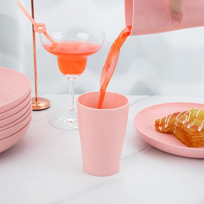 Supernal 32Pcs Pink Plates and Bowls Sets for 8, Unbreakable Dinnerware | Lightweight reusable wheat straw pink dishes set. Shatterproof pastel camp plates & bowls for college dorm, RV, or picnics.