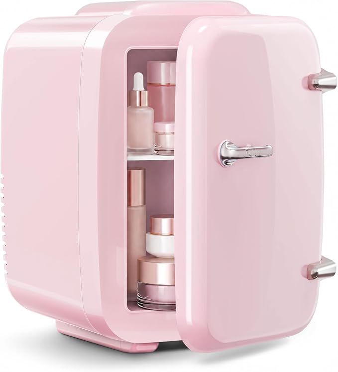 OSTBA Mini Fridge, 4 Liter/6 Can Mini Makeup Fridge, 110V AC/ 12V DC Portable Thermoelectric Cooler&Warmer for Skincare, Drink, Cosmetic, Medicine, Small fridge for Bedroom, Office, Dorm, Car, Pink
