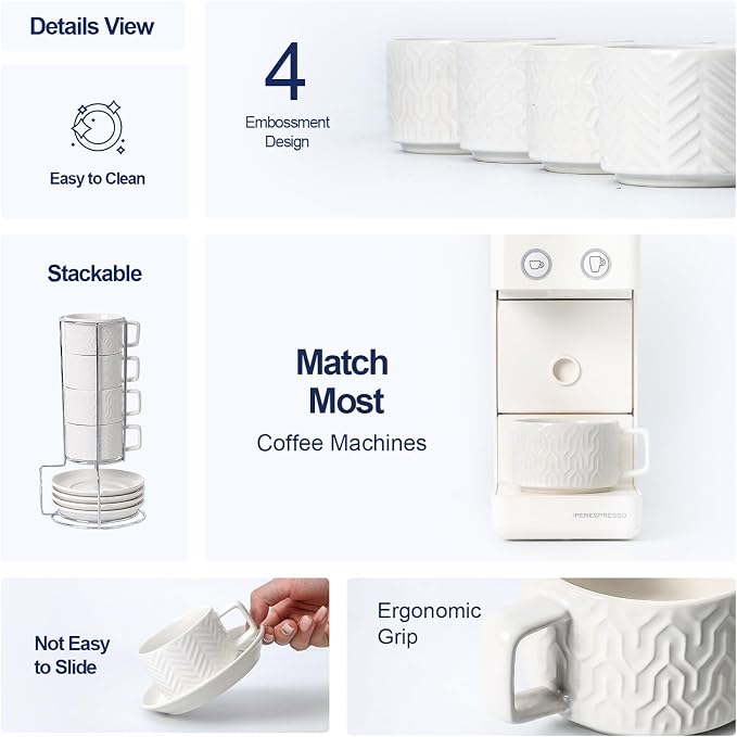 Sureasy 4 Ounce Ceramic Espresso Cups Set of 4 - Stackable Demitasse Cups with Saucers & Metal Stand, Coffee Cups for Latte, Tea, Dishwasher & Oven Safe, White