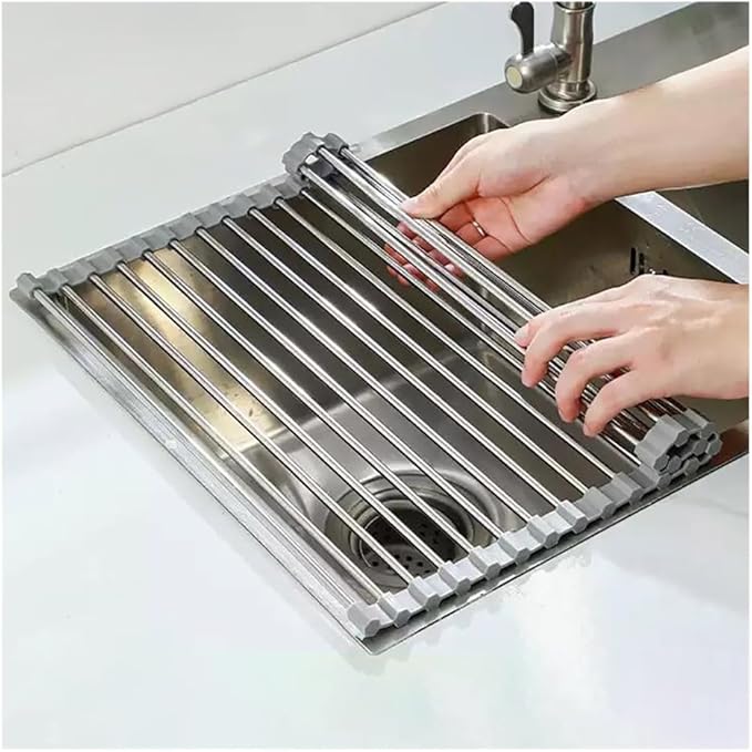Lightweight Collapsible Roll up Dish Drying Rack, 37-47 CM Folding Versatile Over The Sink Kitchen Dish Drying Rack, Stainless Still Portable Foldable Drainer(Gray,37x30cm/14.6x11.8in)