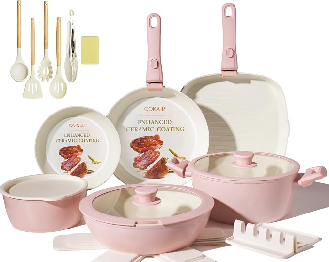 Ceramic Cookware Set Non Stick 23Pcs Pots and Pans Set Non Toxic with Detachable Handle Induction Kitchen Cookware Set Space Saving, Oven & Dishwasher Safe, Pink