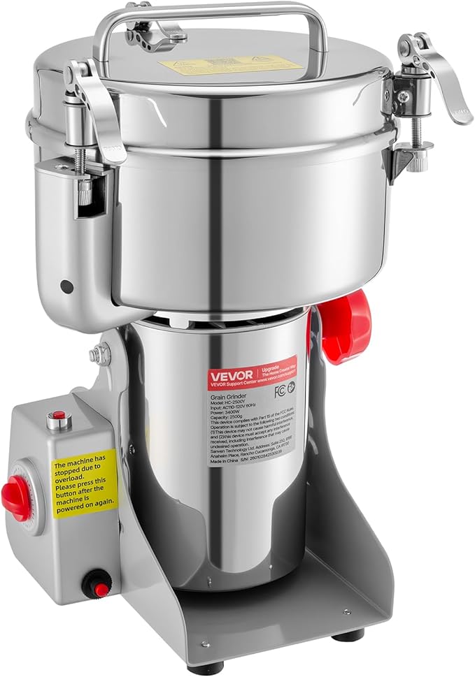 VEVOR 2500g Electric Grain Mill Grinder, High Speed 3400W Commercial Spice Grinders, Stainless Steel Pulverizer Powder Machine, for Dry Grains Spices Cereals Coffee Corn Pepper, Swing Type