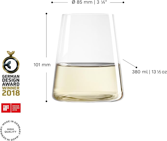 Stölzle Lausitz Stemless White Wine Glasses Power Set of 4, 13 1/2 oz – Modern Crystal Wine Glasses for Maximum Aroma – Dishwasher Safe & Break-Resistant, Made in Germany