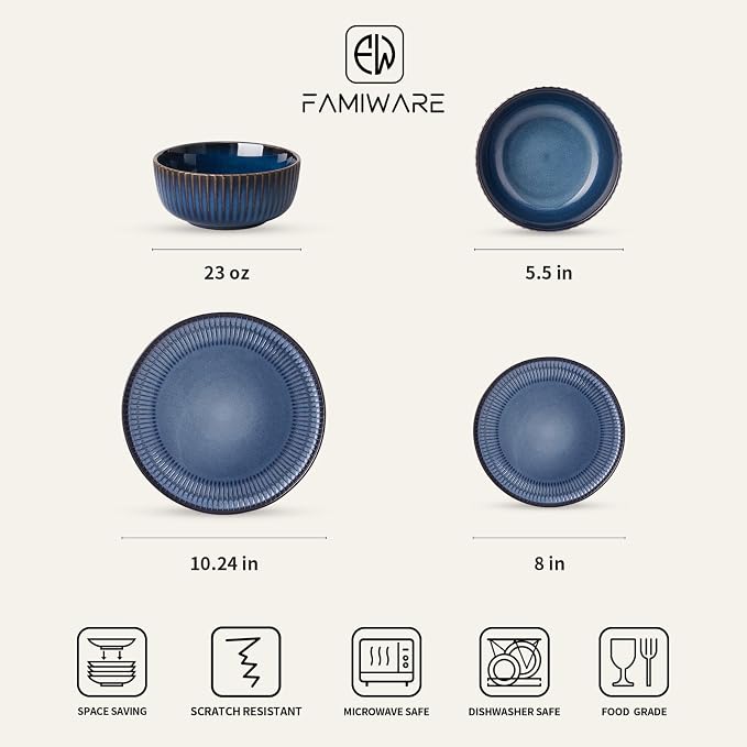 Famiware Starlight 12-Piece Plates and Bowls Sets for 4, Stoneware Dinnerware with Ribbed Textured, Handcrafted Reactive Glaze Dishes - Dishwasher & Microwave Safe, Chip/Scratch Resistant, Starry Blue