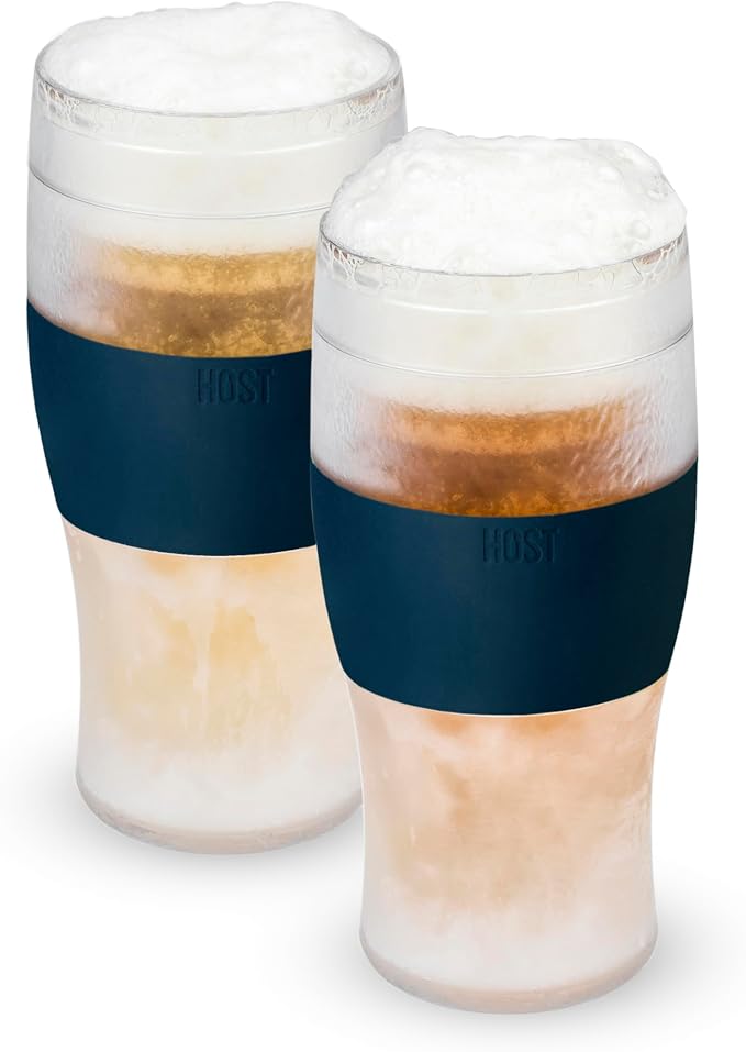 Host FREEZE Beer Glasses, Frozen Mugs, Freezable Pint Set, Keep Your Drinks Cold, Double Walled Insulated Glass, Tumbler for Iced Coffee, 16 oz, Set of 2, Varsity Blue