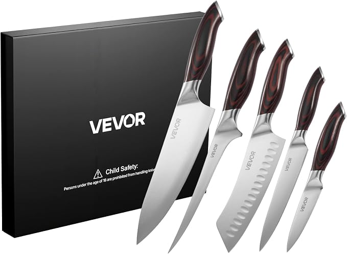 VEVOR Kitchen Knife Set, 5 Piece High Carbon Stainless Steel Sharp Knife Set, Durable and Rust-Resistant, Professional Kitchen Cutlery with Ergonomic Crack-Resistant Handle, for Precise Cutting