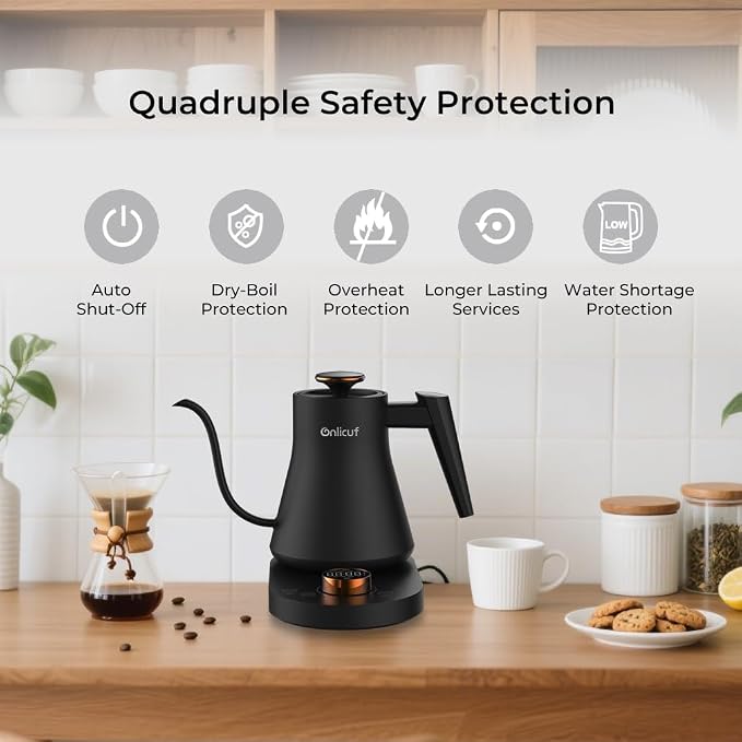 Electric Gooseneck Kettle with Temperature Control, 0.8L Pour Over Coffee, ±1°F Precision Heating, 7 Presets, Stainless Steel Inner, Electric Tea Kettle with 2H Keep Warm, Matte Black