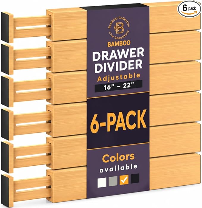 6-Pack Bamboo Drawer Dividers - 2.6 in High, Adjustable 16 to 22 in Expandable Drawer Organizers and Dresser Separators for Clothes, Bedroom, Bathroom, Kitchen, and Office Organization and Storage