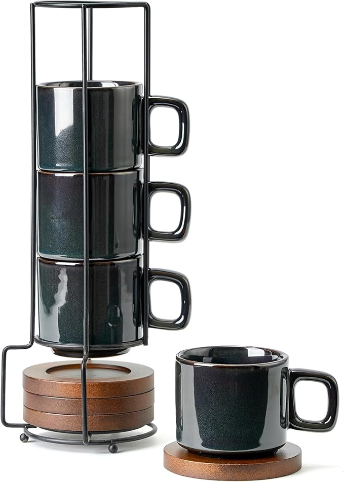 LUKA Porcelain Stackable Espresso Cups with Saucers and Metal Stand, 4 Ounce Small Ceramic Demitasse Cups Set for Latte, Specialty Coffee Drinks, Cafe Mocha,Tea - Set of 4, Kiln Tide Glaze
