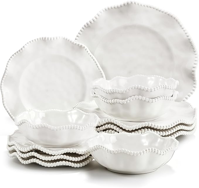 Melamine Dinnerware Sets Service for 4, Cream Plates and Bowls Set with Beaded Edge, BPA Free Dishwasher Safe, Heavy Duty Shatterproof Unbreakable Tableware for Wedding Party Camping Outdoor
