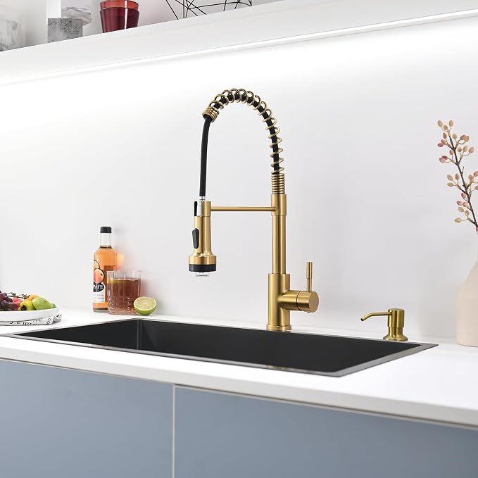 GIMILI Gold Kitchen Faucet with Soap Dispenser Single Hole Pull Down Sprayer LED Faucet, Suitable for Farmhouses, RV, Laundry Room, Outdoor, and Campers. Llave para fregadero de cocina