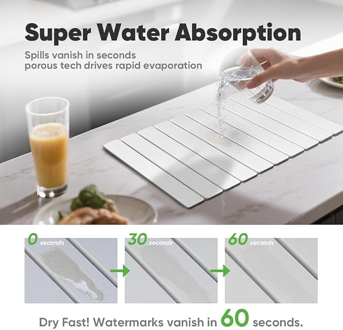 Stone Drying Mat for Kitchen Counter, Quick Diatomaceous Earth Mats for Dishes, 23.6"L x 15.7" W Super Absorbent Fast-Drying Collapsible Countertop Stone Mat (White, 24" x 16")