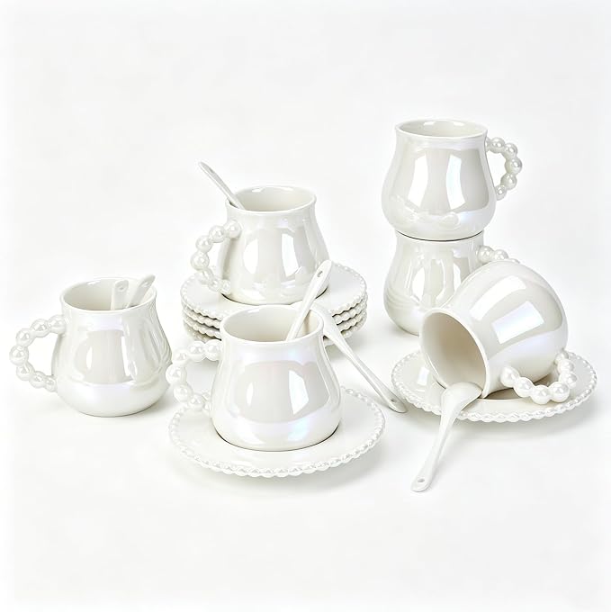 Coffee Cup Set of 6 with Saucers, 8 OZ Ceramic Espresso Cups, Pearl Glaze Coffee Cup Gift for Double Shot, Cappuccino, Cafe Mocha, Dishwasher & Microwave Safe, Elegant Deco