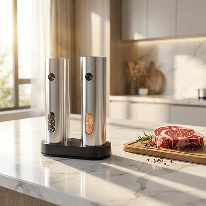 Ickmomo Electric Pepper Grinder & Salt alt and pepper Set (2 Pack) - Rechargeable Adjustable Coarseness with LED Light, Large Capacity for Kitchen/Outdoor/BBQ/Gifts
