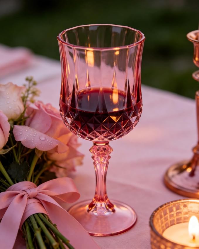 Ciaell 24PCS Pink Plastic Wine Glasses - 7 Oz Plastic Goblets for Party - Pink Vintage Drinking Glasses - Disposable Water Goblets Set for Wedding, Bar, Wine, Cocktail, Whiskey