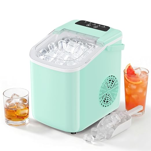 Countertop Ice Maker, Portable Ice Machine with Carry Handle Basket and Scoop, 9 Bullet Cubes Ready in 6 Mins, 26lbs Daily, Self-Cleaning for Home, Kitchen, Camping, RV
