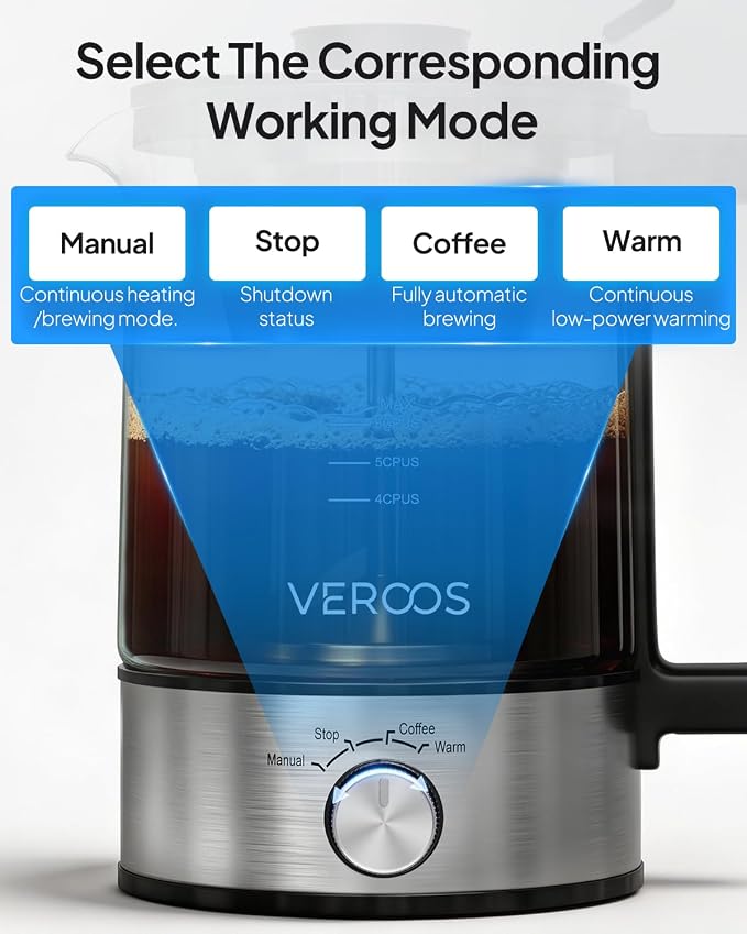 Percolator Coffee Pot Electric, 6-Cup, Double-Layer Stainless Steel Filter Mesh, Borosilicate Glass, Auto Mode & Keep-Warm, Detachable Cord