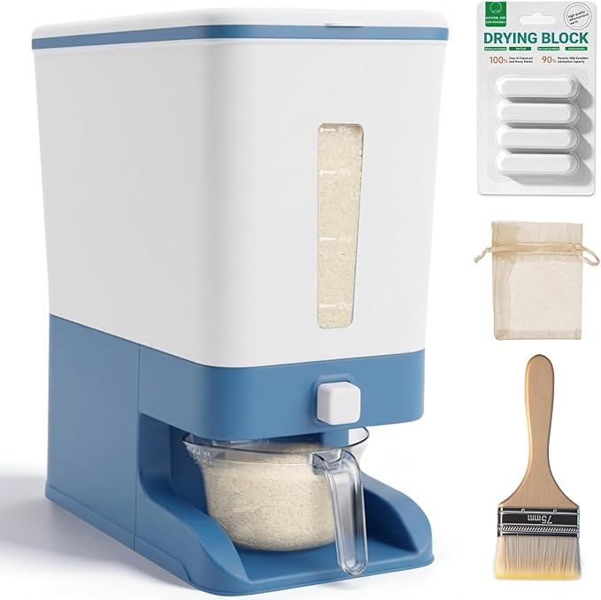 Mity rain Rice Dispenser 20 Lbs with Moisture Absorbing Clay, Rice Storage Container with Measuring Cup, 12 L Cereal Containers Storage Airtight for Kitchen Pantry Organization Blue