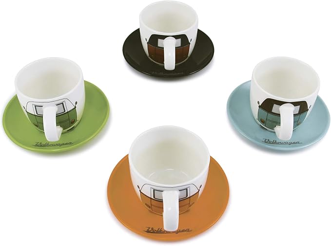 BRISA VW Collection - Volkswagen Espresso Cups Coffee-Tea-Cappuccino Set in T1 Bus Campervan Design (Bus Front/100ml/3.4 fl oz) (Set of 4 (red/black, petrol/brown, orange, green))
