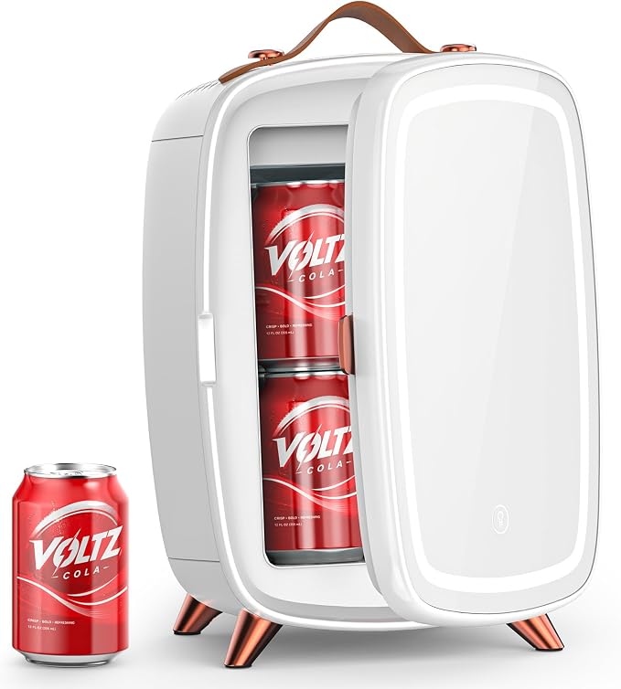 COWSAR Mini Fridge for Bedroom with Dimmable LED Light Mirror, 6 L/8 Can Skincare Fridge with Top Leather Handle, Portable Small Refrigerator for Cosmetic, Beverage and Food, Dorm, Office, Pearl White