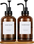 Glass Soap Dispenser with Pump, Dish and Hand Soap Dispenser for Kitchen Bathroom Set, Clear Glass Dispenser Set of 2 Pack with 18 Stickers Funnel Bamboo Tray 500ml 18oz Amber