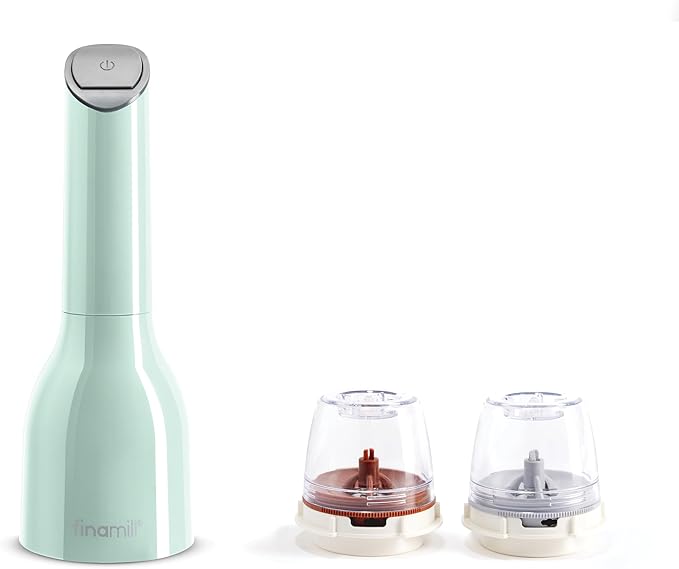FinaMill Classic Battery Spice Mill – Battery Operated Salt and Pepper Grinder Set, Includes 2 Interchangeable Spice Pods, Adjustable Coarseness, Ceramic Grinder, LED Light, Home and Kitchen Gift Set