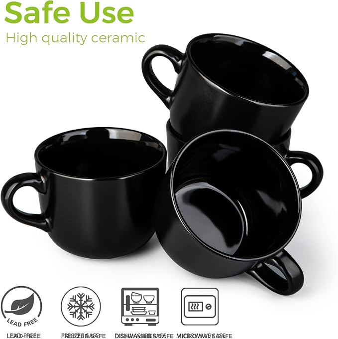 AmorArc 24 oz Soup Mugs with Handles, Jumbo Ceramic Bowls Mugs Set with handles for Coffee Cereal Cappuccino Snacks, Microwave&Dishwasher safe Soup Cups for Meal-Black