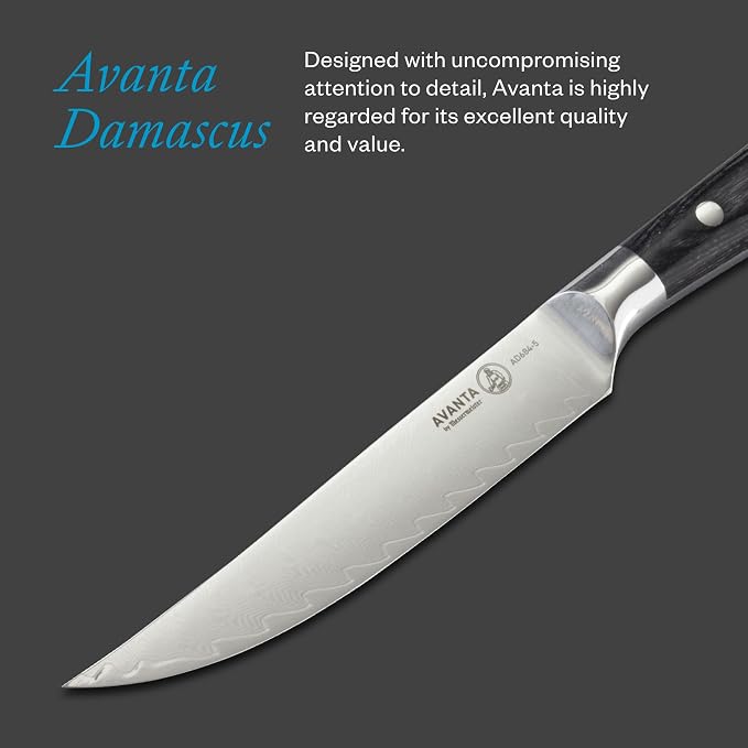 Messermeister Avanta Damascus Forged 5” Fine Edge Steak Knife Set - Rust Resistant & Easy to Maintain - Includes 4 Steak Knives