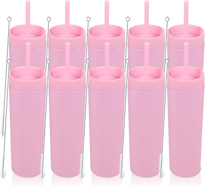 Volhoply 16oz Plastic Skinny Tumbler With Lid and Straw Bulk 10 Pack,Insulated Double Wall BPA Free Matte Acrylic Tumblers,Iced Coffee Travel Mug Reusable Party Cup,Customizable Diy Gifts(Pink,10 Set)