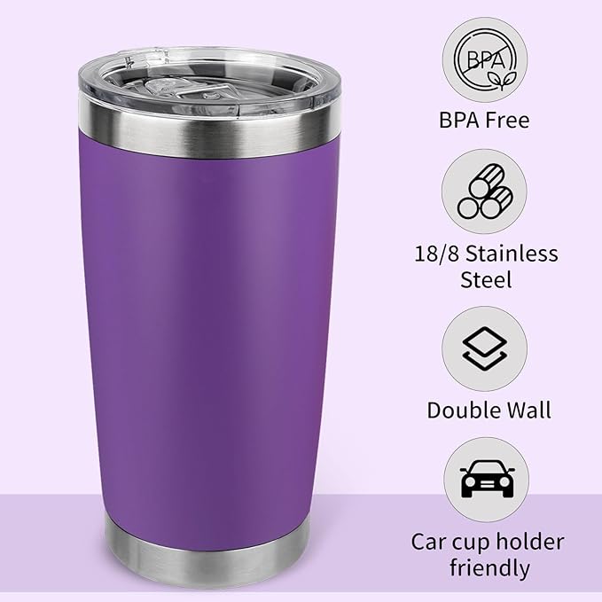 20oz Stainless Steel Tumbler with Lid, Travel Mug - Double Wall Vacuum Powder Coated Cup - Purple, 1 Pack