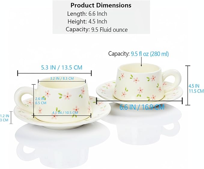 Tea Cup and Saucers, 9.5 oz Floral Tea Cups, Porcelain Teacup, Coffee Cappuccino Espresso Latte Mugs, Floral Design for Party Birthday Cafe Home, Christmas Gifting, flowers Set of 2