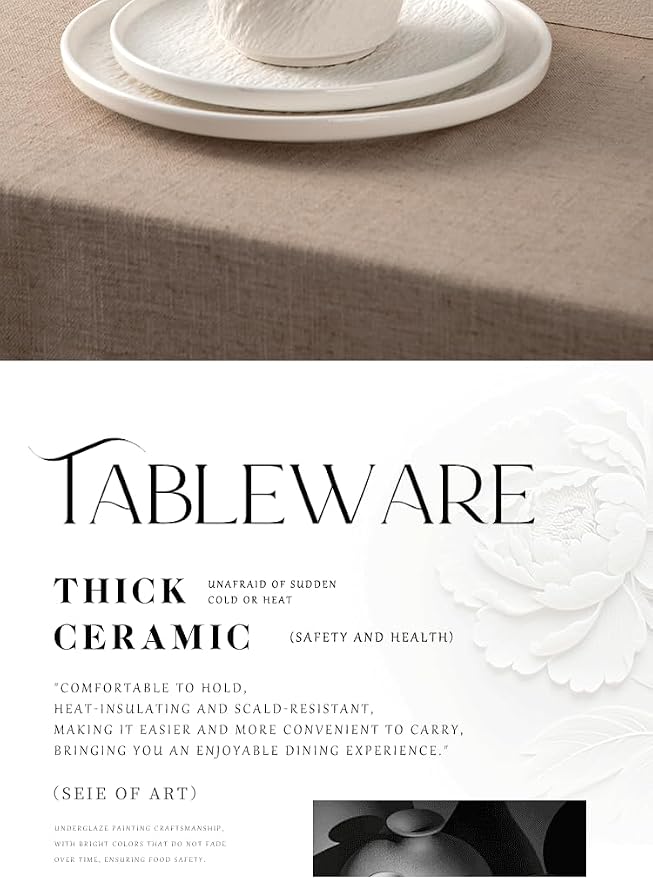 4-piece set, ceramic, embossed stone design plate and bowl set, microwave and dishwasher compatible tableware set, shatterproof and scratch resistant dinner set, irregular edge design, white
