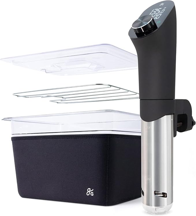 Greater Goods Pro Sous Vide Kit - An 1100 Watt, Powerful, Precise Sous Vide Cooker and Premium, Plastic Container with Sous Vide Rack, Lid, and Neoprene Sleeve | Designed in St. Louis