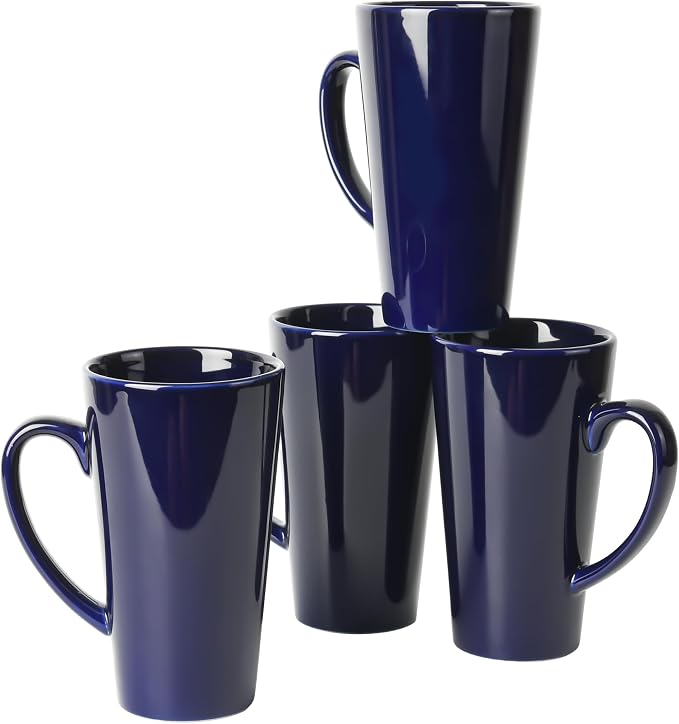 BYCNZB 16oz Funnel Ceramic Tall Coffee Mugs for Coffee, Tea, Cocoa, Latte, Milk set of 4(Cobalto)