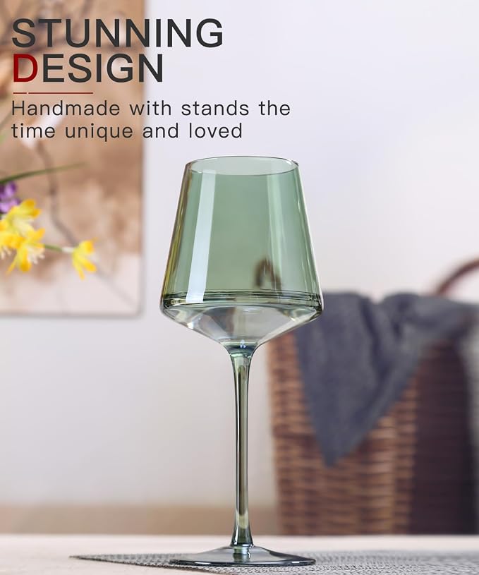 Green Wine Glasses Set of 6-18oz Colored Square Wine Glasses with Tall Long Stems and Flat Bottom,Crystal Colorful Wine Glass-Unique Gifts for Wine Lovers,Wedding Gifts (Light Blue Sea)