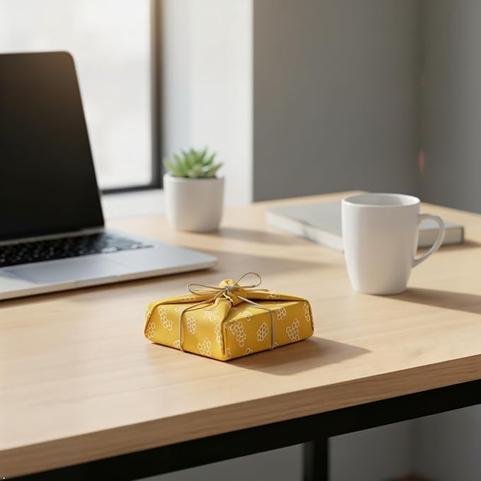 Bee's Wrap Furoshiki Reusable Cotton Fabric Wrapping Paper - Mustard Honeycomb Pack of 4 Gift Wraps - Reusable Wrapping Paper & Gift Wrap