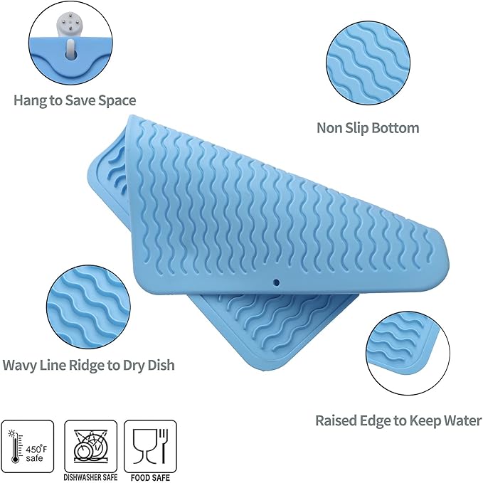 MicoYang Silicone Dish Drying Mat for Multiple Usage,Easy clean,Eco-friendly,Heat-resistant Silicone Mat for Kitchen Counter or Sink,Refrigerator or Drawer liner Light Blue M 12 inches x 12 inches