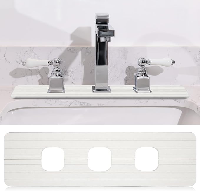 Teenyyou 3 Square Hole White Faucet Mat for Kitchen Sink Bathroom 16.14" x 4.49" Kitchen Faucet Absorbent Mat Diatomite Splash Guard Quick Drying Stone Drip Catcher Hole 1.97" Holes Spaced About 1.97"