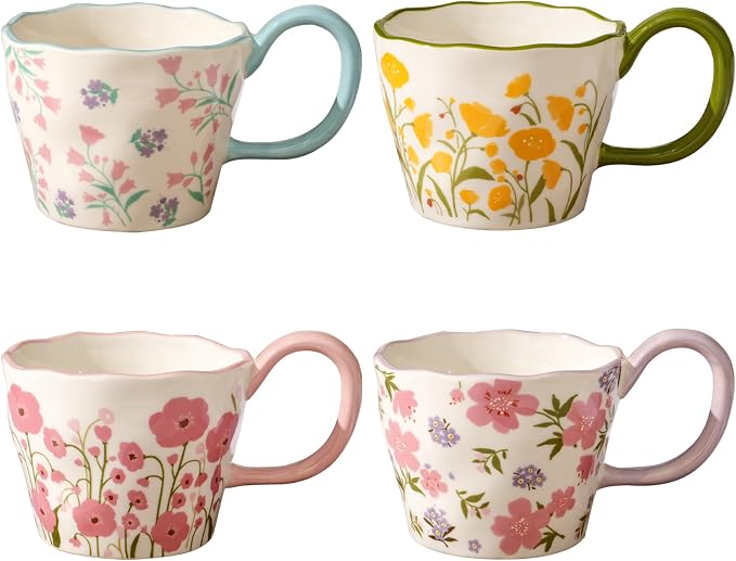 Cute Floral Coffee Mug Set of 4-12oz Ceramic Flower Embossed Cups with Petal Handles, Dishwasher and Microwave Safe