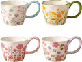 Cute Floral Coffee Mug Set of 4-12oz Ceramic Flower Embossed Cups with Petal Handles, Dishwasher and Microwave Safe