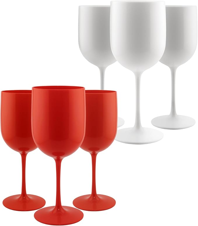 FOX & GRAPES Plastic Stemmed Wine Glasses | Unbreakable/Shatterproof, Reusable, Food Safe, Dishwasher Safe, For Birthday and Party, 16oz (Red, Set of 6)